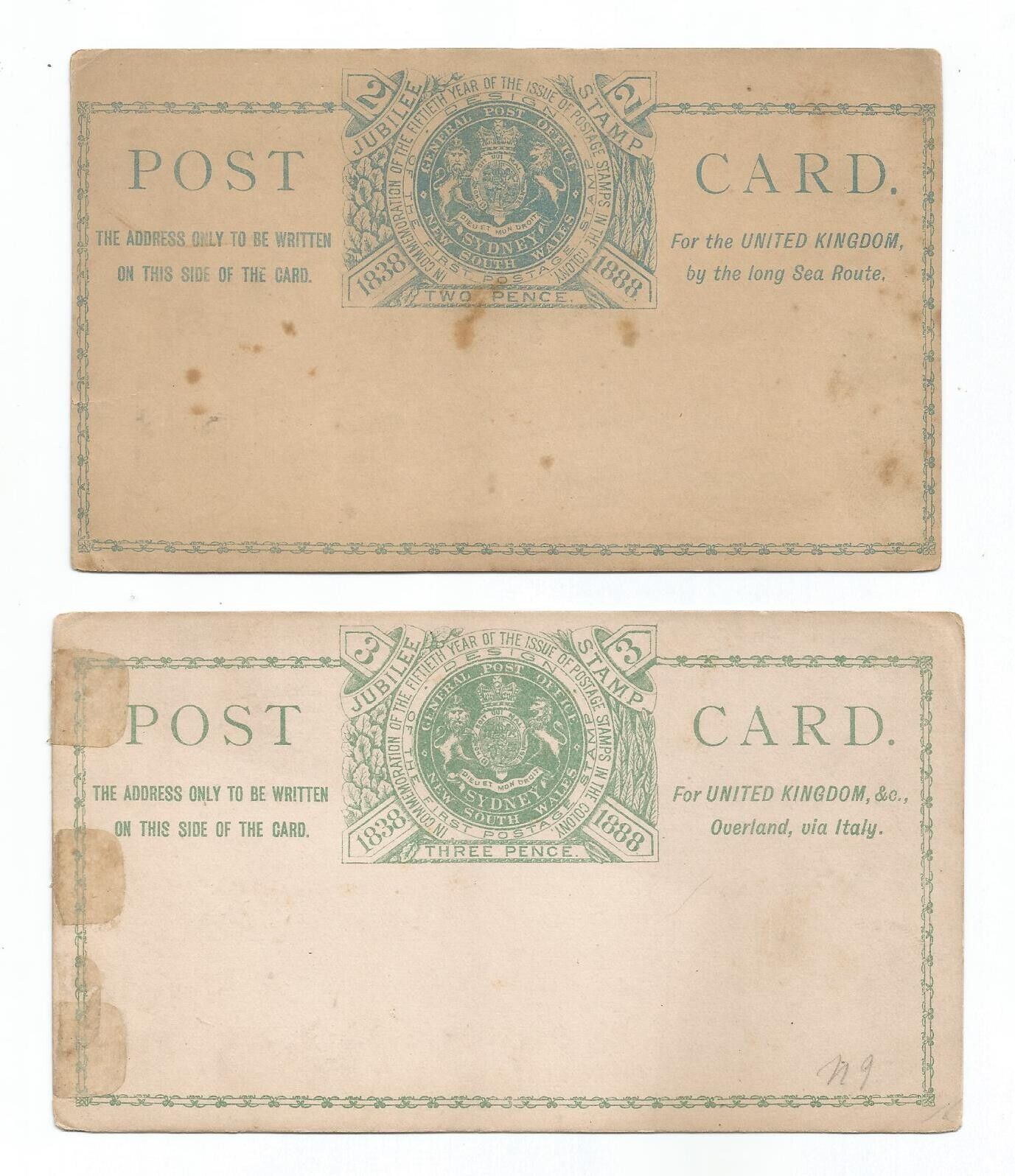 Australia Nsw 1888 Jubilee Rare Pair Mint Postal Cards, Text "1st Stamp 1838" ??