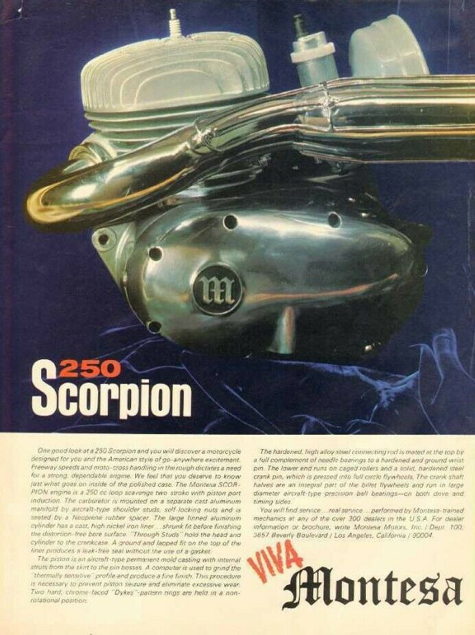 1968 Montesa 250 Scorpion Motorcycle Engine Vintage Ad