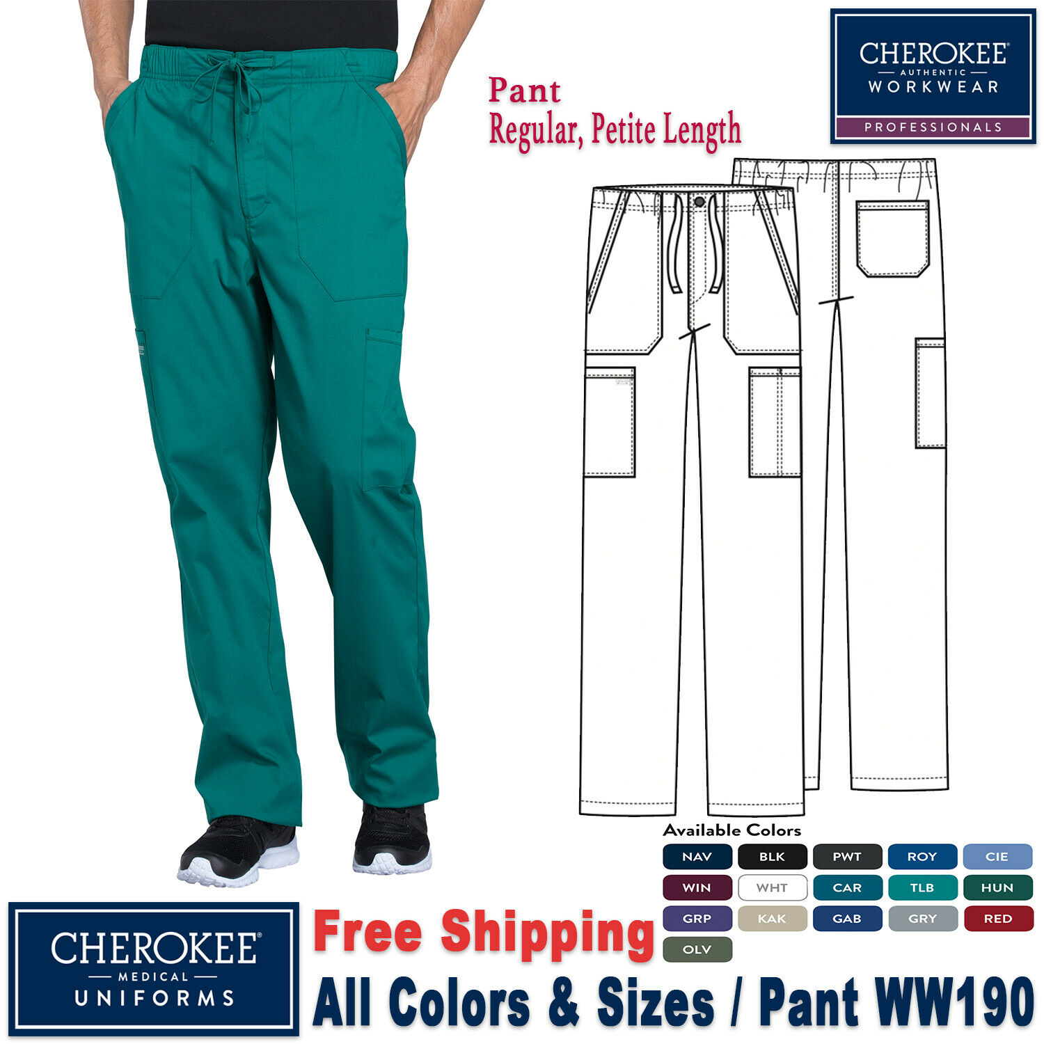 Cherokee Scrubs Professional Men's Drawstring Cargo Pant Ww190 Regular Petite