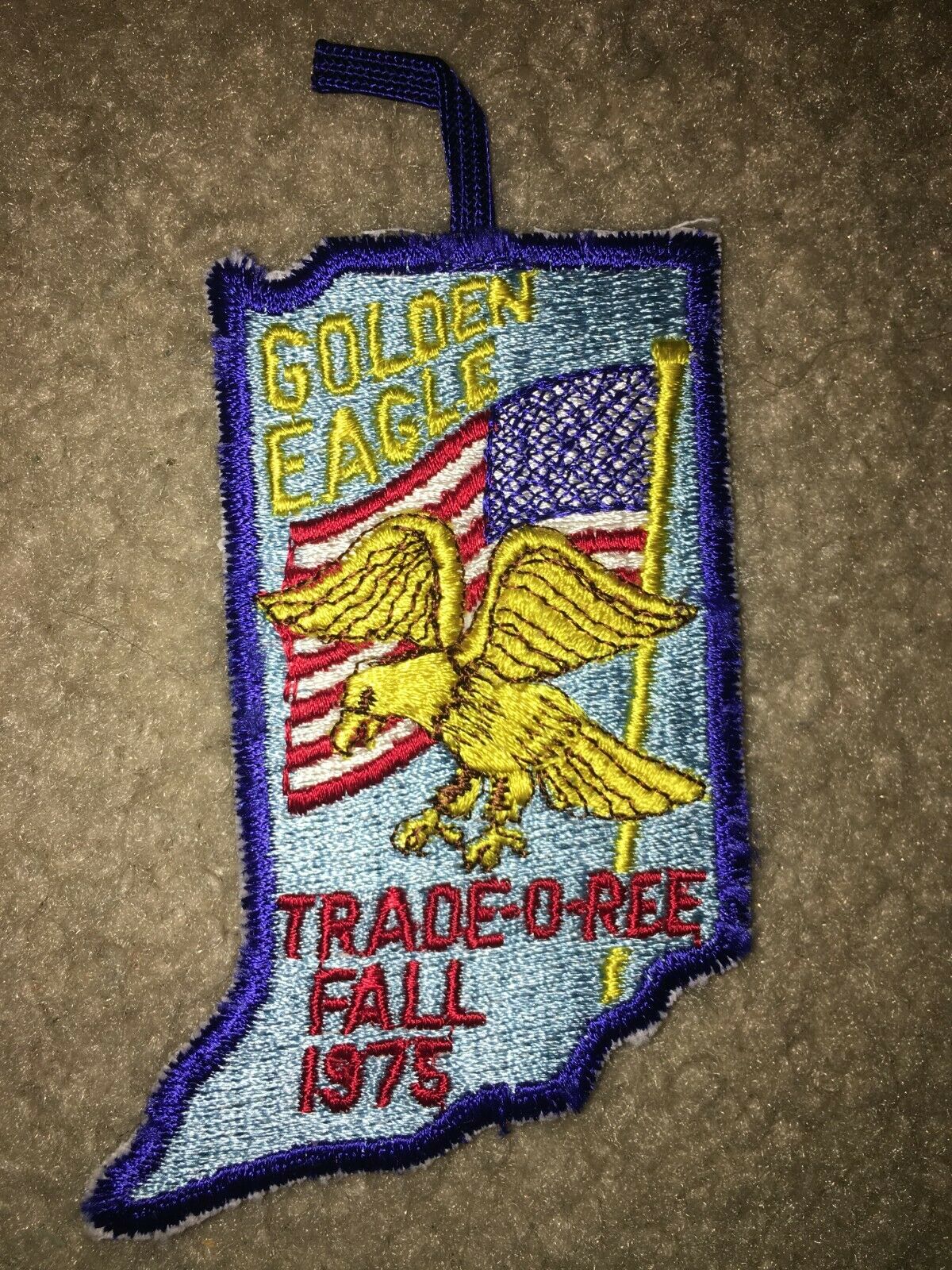 Boy Scout 1975 Golden Eagle Trade-o-ree Flag State Council Indiana Shape Patch