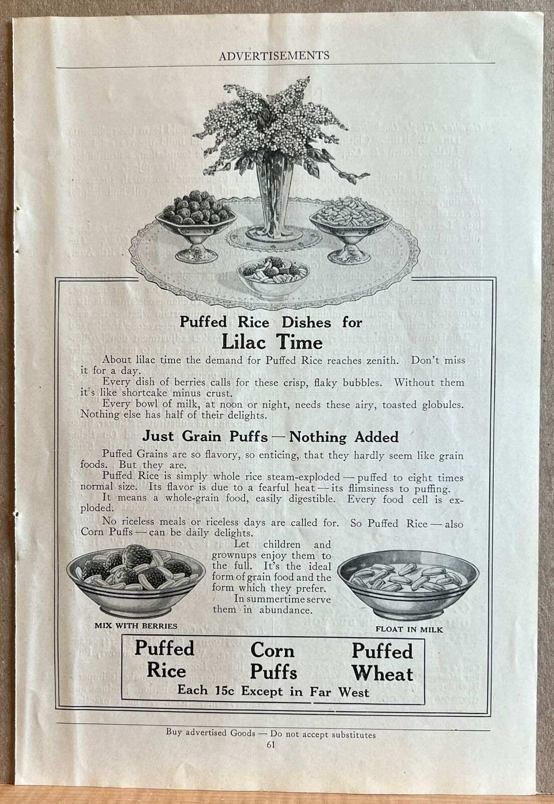 1918 Puffed Rice Quaker Oats Co Print Ad Puffed Rice Dishes For Lilac Time