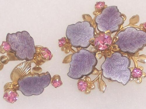Vtg Lavender Enamel & Pink Rhinestone Brooch & Earrings