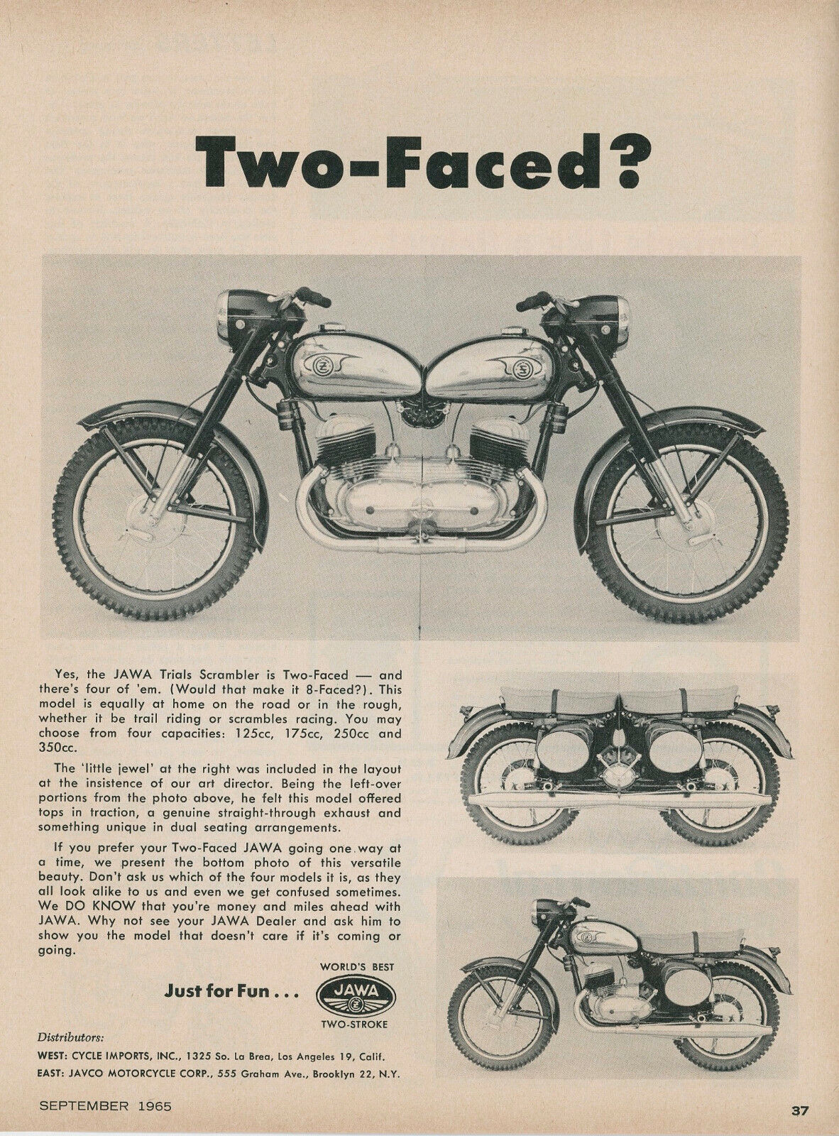 1965 Jawa Vintage Motorcycle Ad Trials Scrambler Bike Two Faced Four Engines