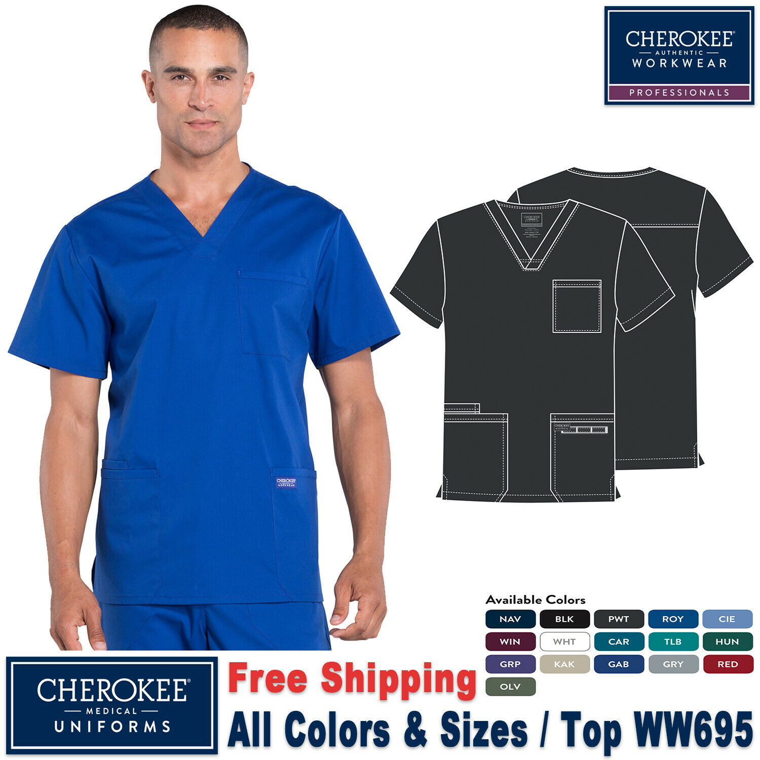 Cherokee Scrubs Professional Men's Medical Uniform V-neck Top Ww695 Regular Size