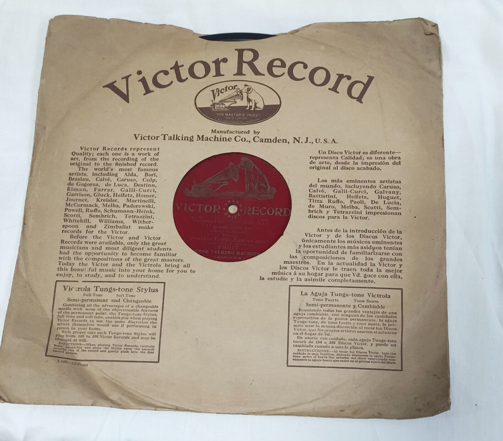 Victor 12" Shellac Record Madama Butterfly Caruso /  Farrar  78 Rpm