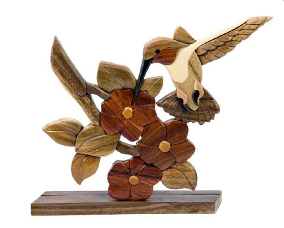 Hummingbird Bird Flower Intarsia Wood Table Top Home Decor Figurine Lodge New