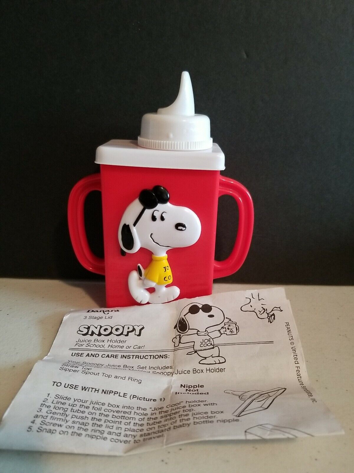 Vtg 1971 Danara Snoopy Joe Cool Juice Box Holder Sippy Cup Toddler Peanuts