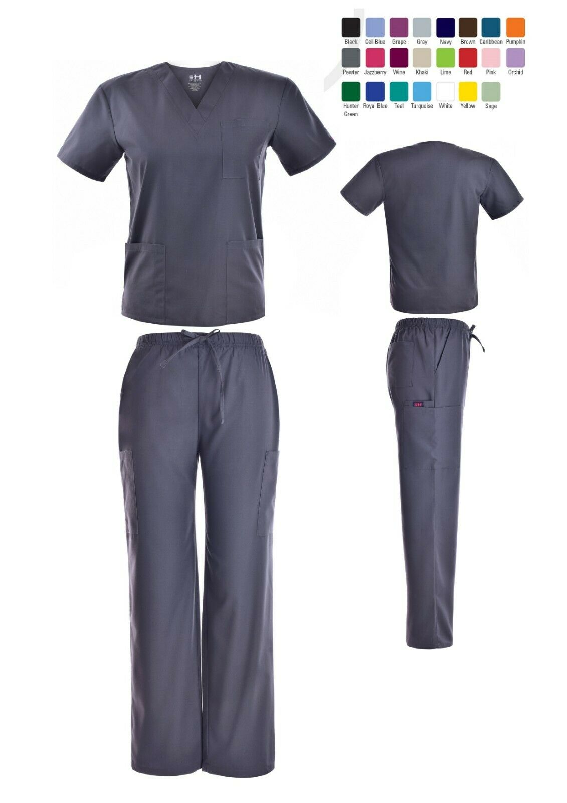Unisex Scrub Sets Solid V-neck Top Cargo Pant Men Women Medical Nursing Uniform