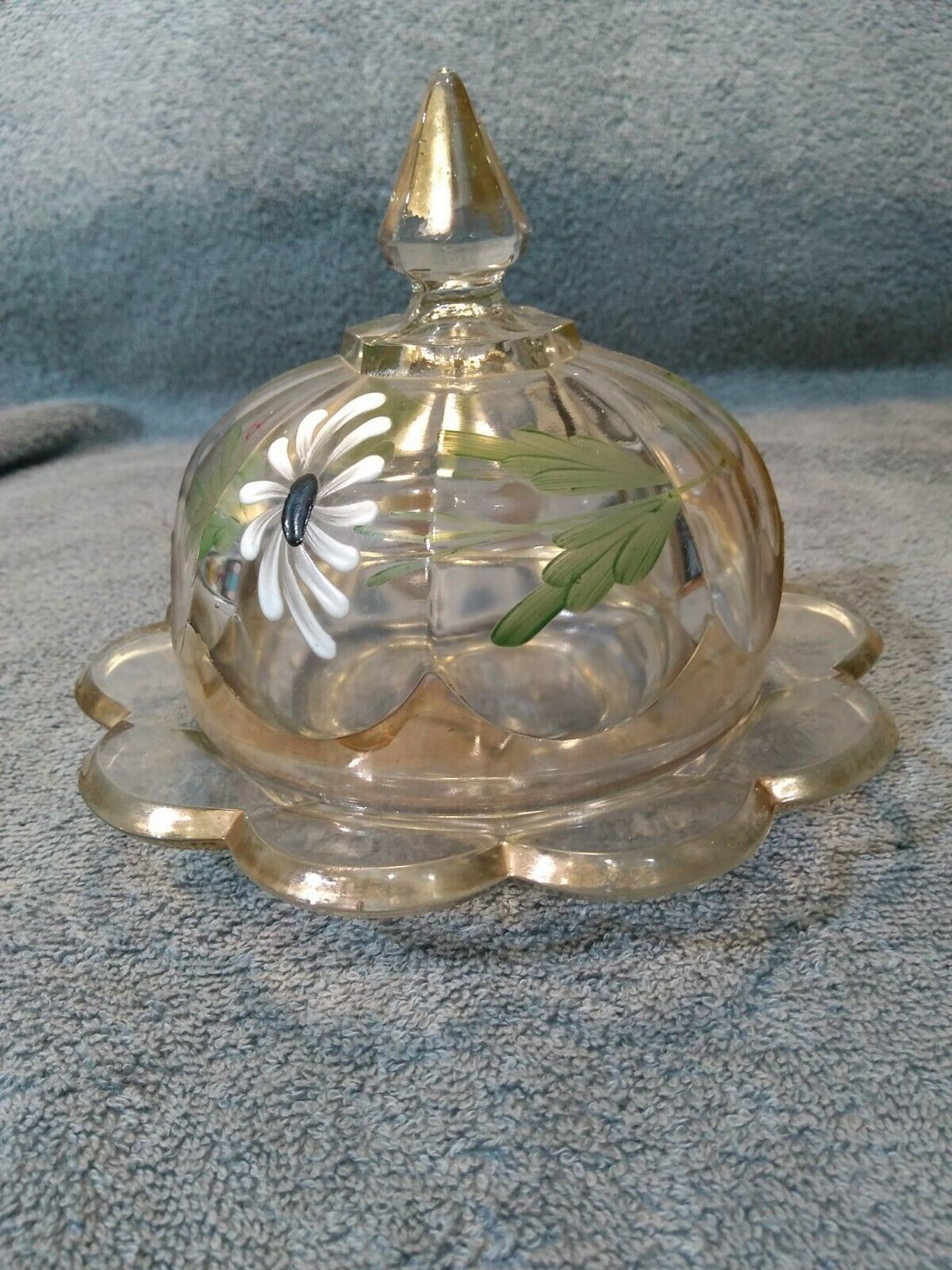 Vintage Hand Painted Clear Glass Dome Butter Dish Eapg Floral Pattern