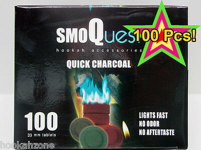 100 Pcs Smoquest Hookah Charcoal Quick Lite Coal Incense 10 Rolls Fakher