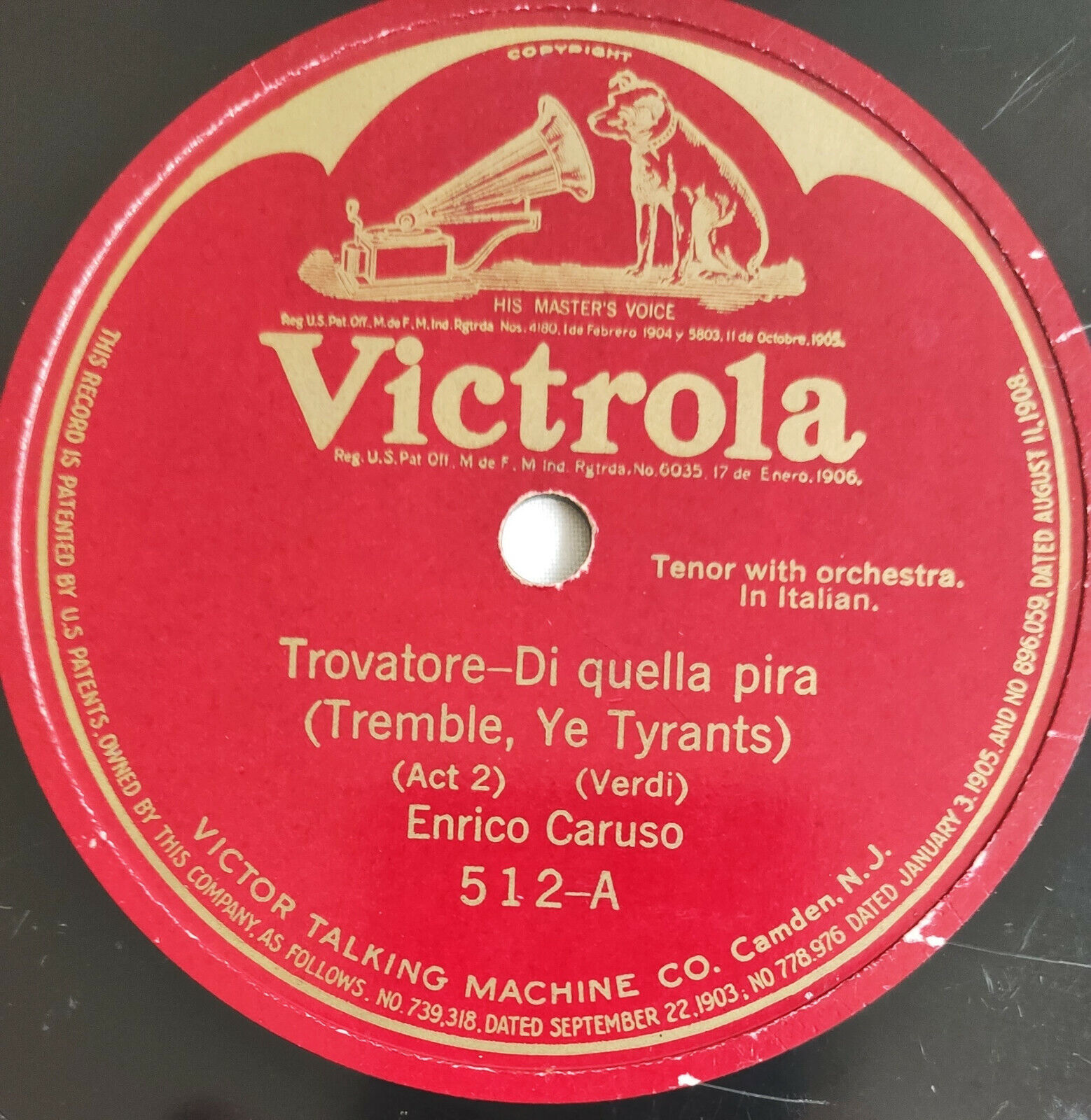 E. Caruso Il Trovatore Verdi Quella Pira Opera Victrola Shellac Record 78 Rpm