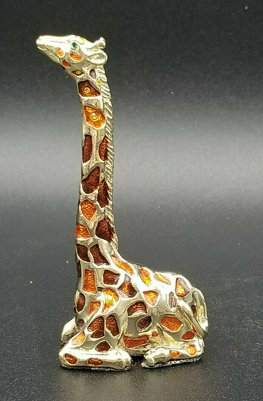 Giraffe Metal Figurine Enamel And Rhinestones Kneeling Ringholder Felt Bottom