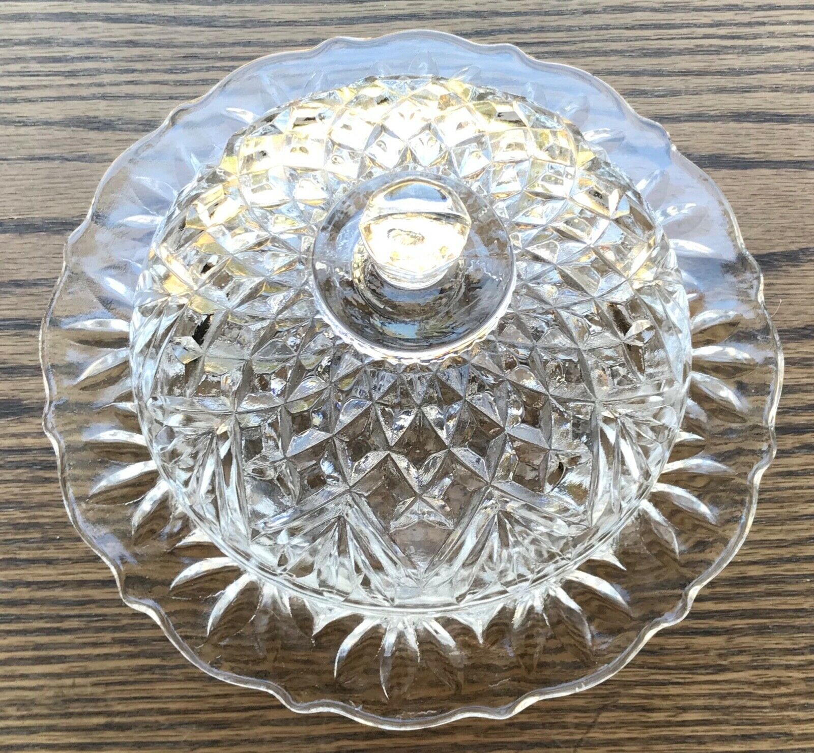 Vintage Anchor Hocking Prescut Clear Glass Round Butter Cheese Dish Pineapple
