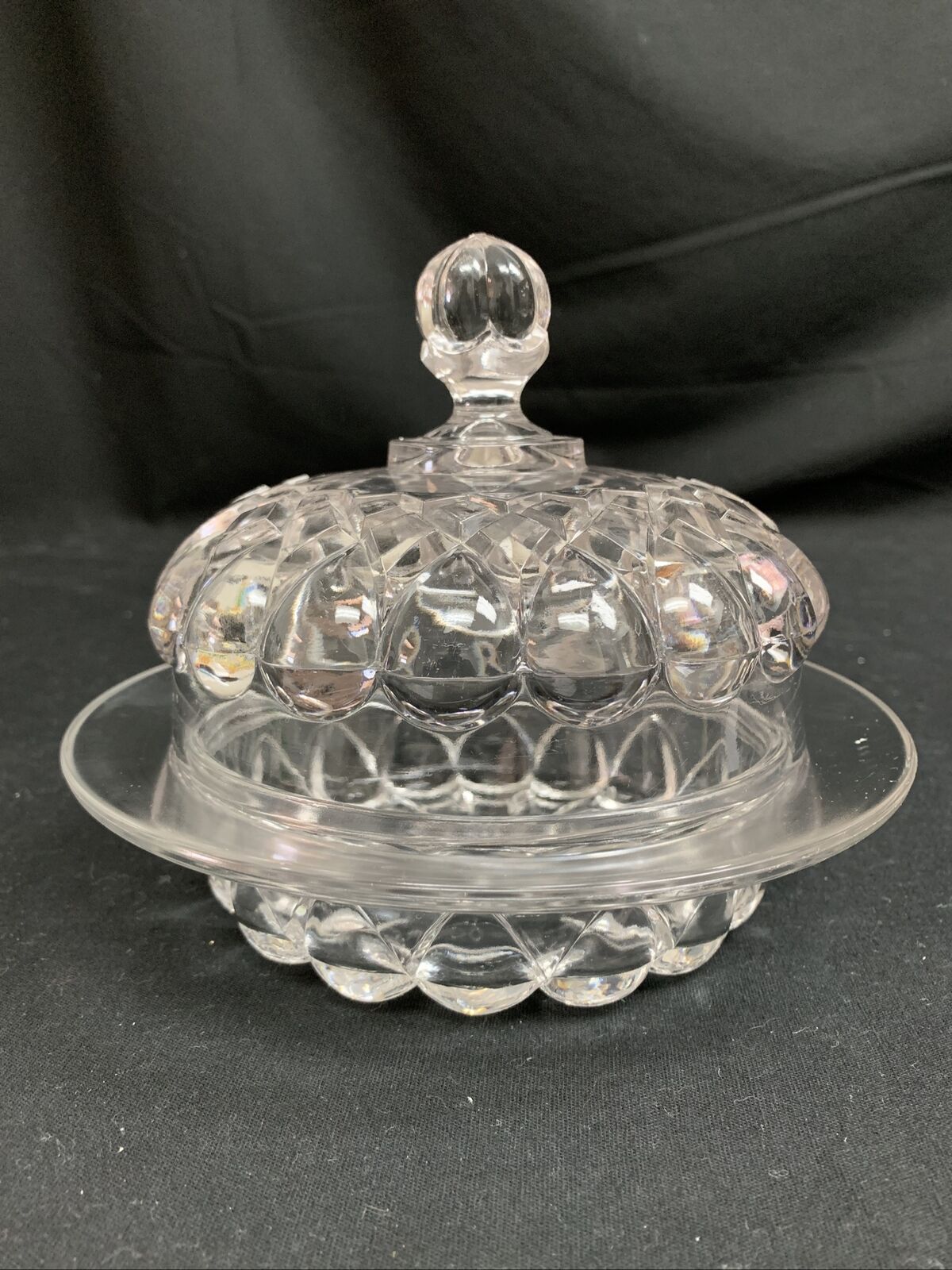 Vtg Clear Glass Domed Butter Or Cheese Dish Drop And Diamond Pattern
