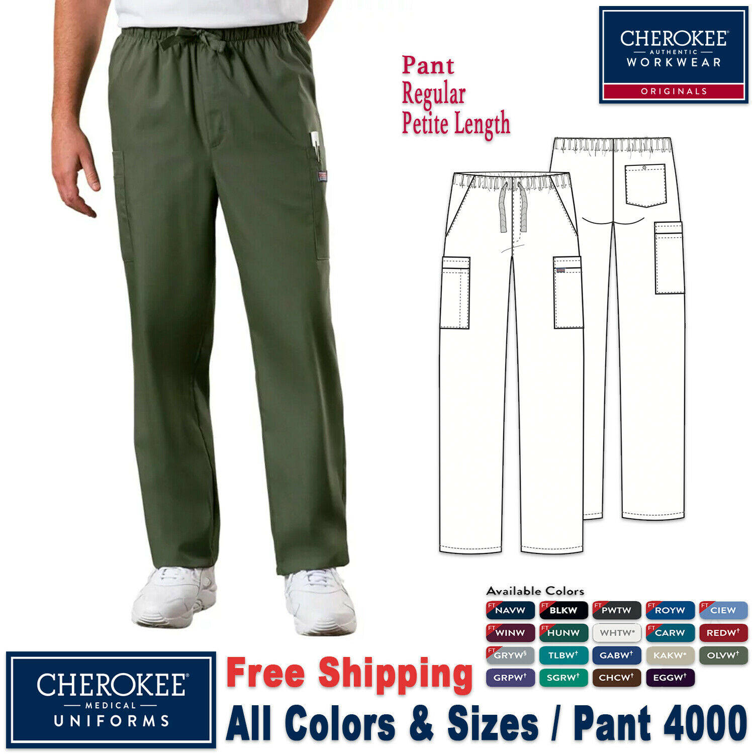 Cherokee Scrubs Originals Men's Drawstring Cargo Pants 4000 Regular/petite
