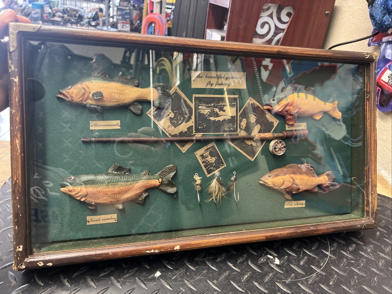 Vintage “the Beautiful Game Of Fly Fishing” Wood & Glass Shadow Box Decorative