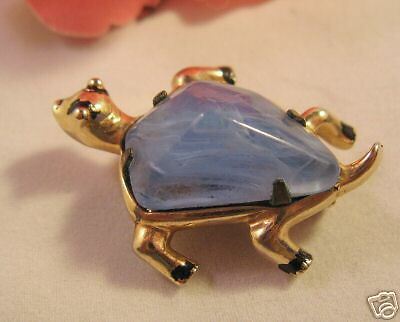 Vintage Barclay Blue Glass Gold Tone Turtle Pin Brooch