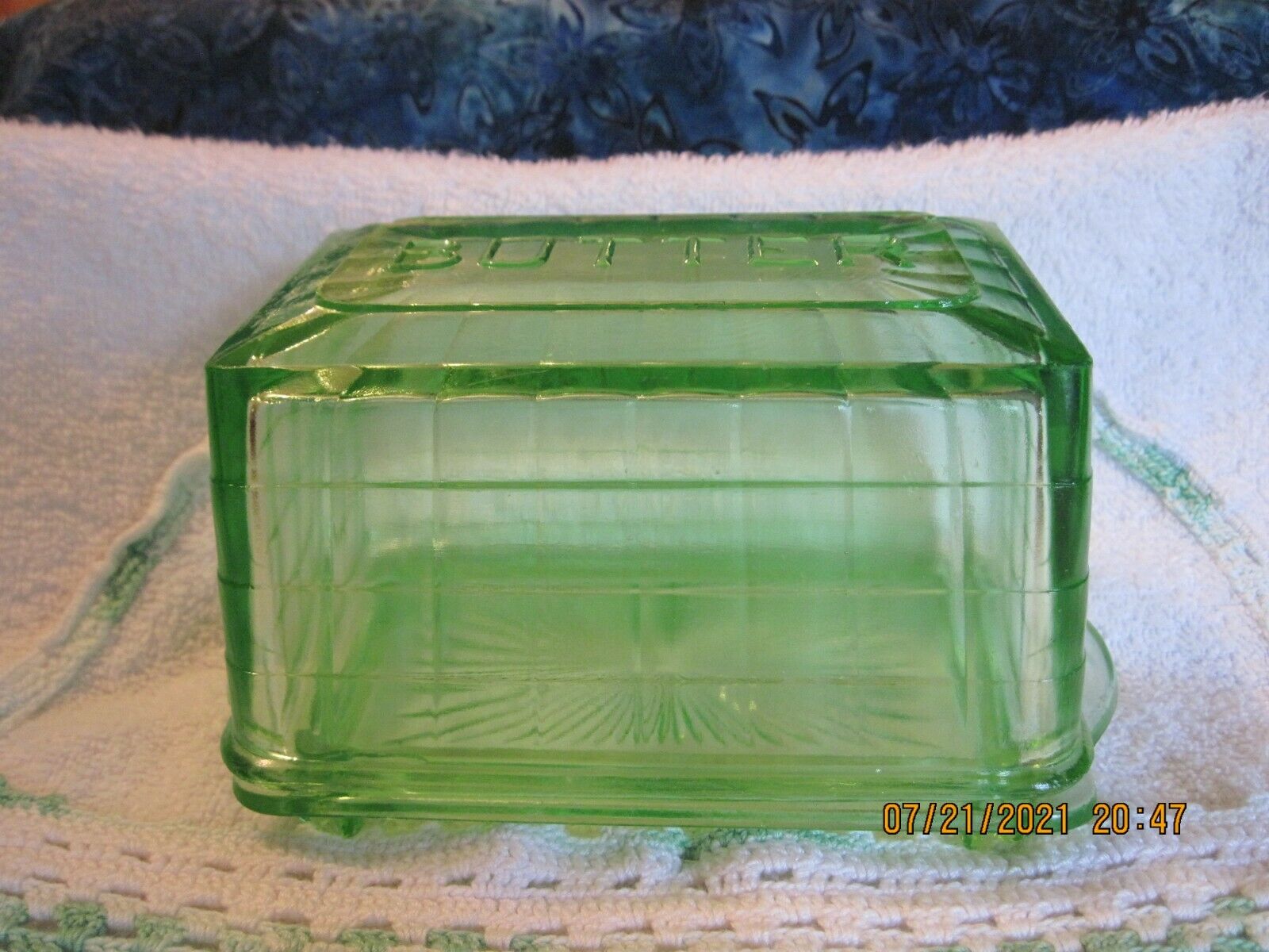 Vintage Green Depression Glass Covered Butter Dish