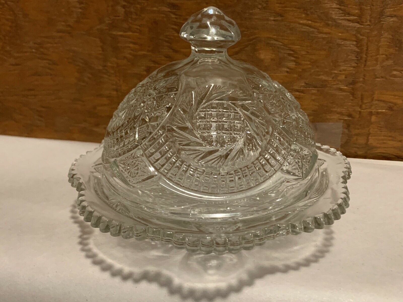 Vintage Le Smith Sunburst Dome Pressed Glass Covered Cloche & Tray 5.25" T