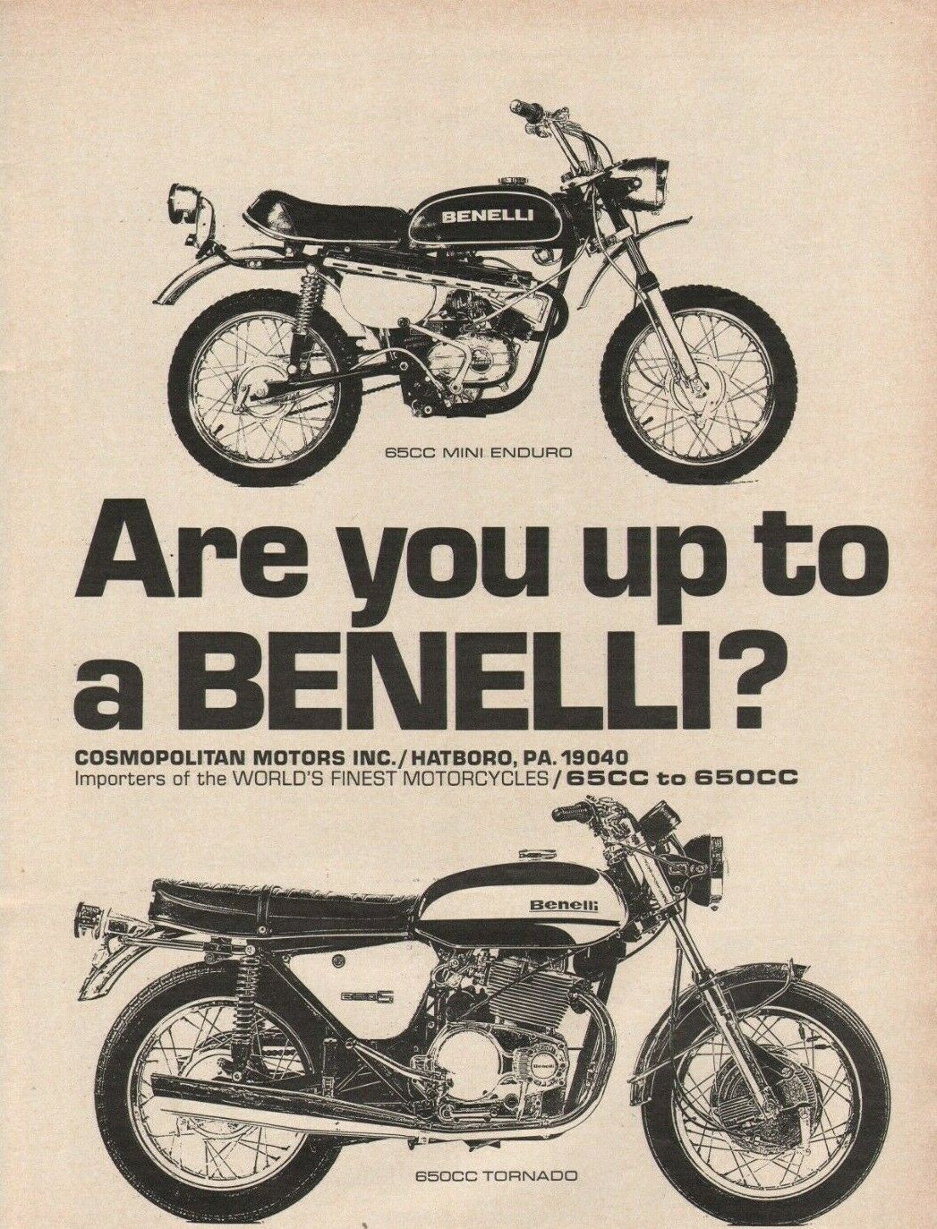 1972 Benelli 65cc Mini Enduro & 650cc Tornado - Vintage Motorcycle Ad