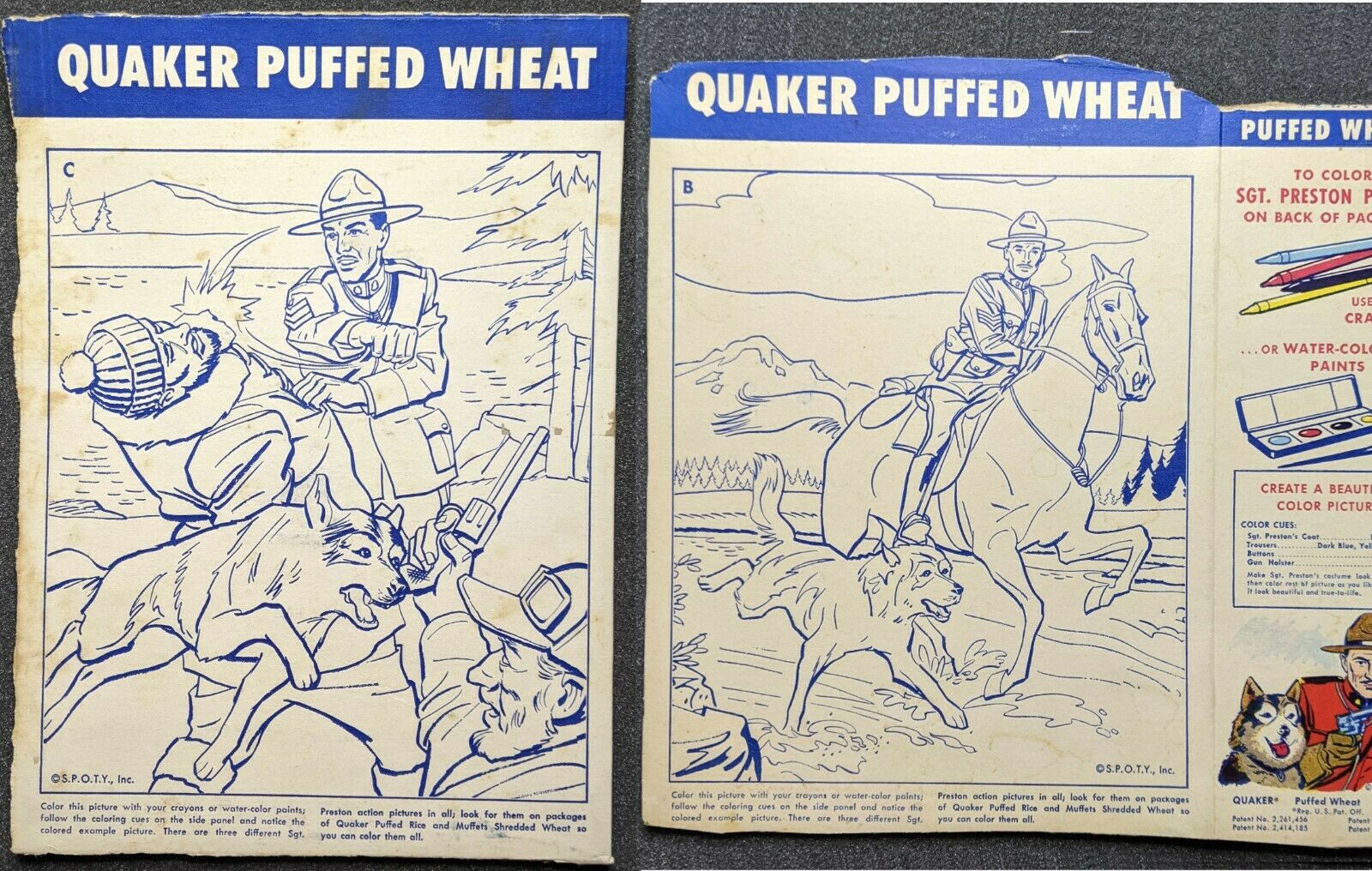 1950s Sergeant Preston Yukon - Quaker Puffed Wheat Cereal Box Panel Cards X2