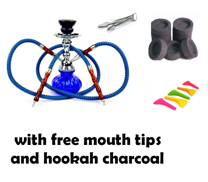 Hookah 2 Hose Decorative Smoking Nargila Glass Water Pipe Set W/ Tips Charcoal