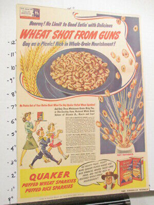 Newspaper Ad 1940s Quaker Puffed Wheat Rice Cereal Box Wwii American Weekly Trio