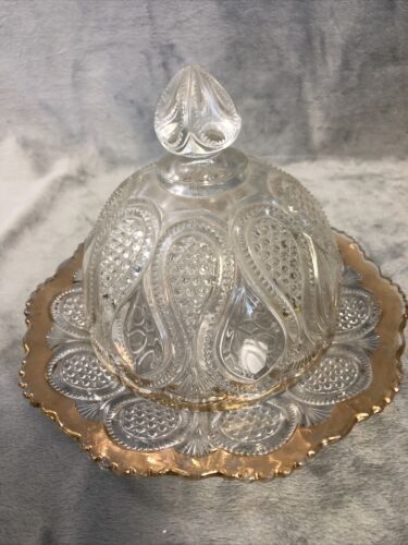Vintage Pressed Glass Butter/ Cheese Dish Dome Cover W/ Frilly Edged Plate