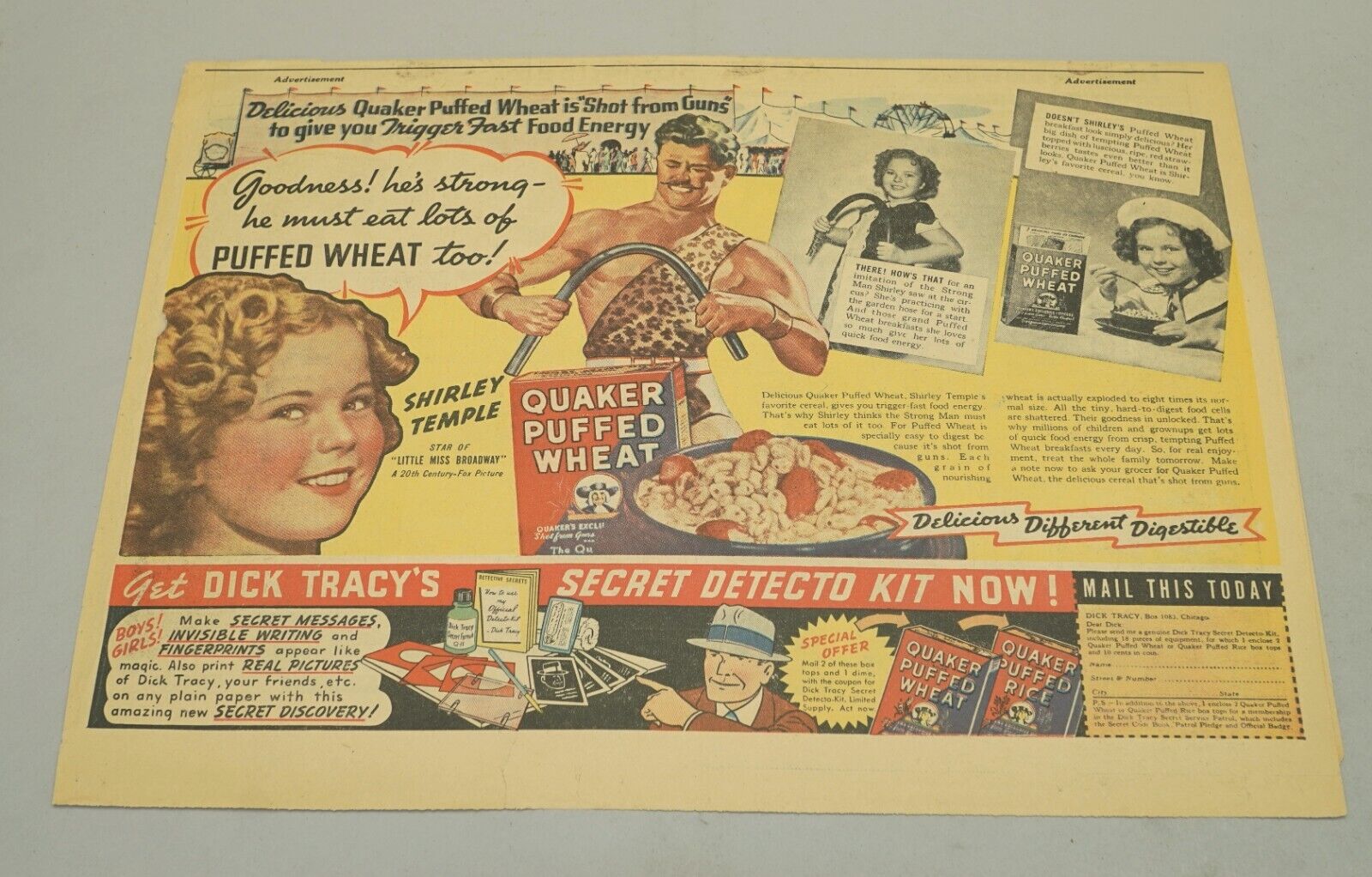Original 1938 Shirely Temple Quaker Oats Cereal Newspaper Advertisement *