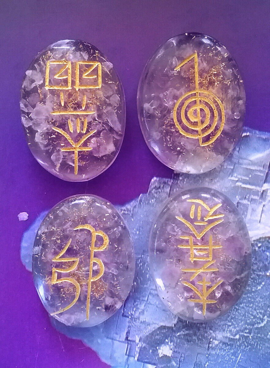 Amethyst Orgone Usui Reiki Gold Engraved Chakra Balancing Crystal Set With Purse