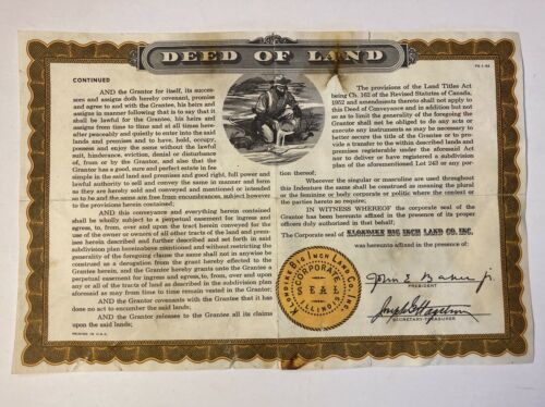 Vintage Klondike Big Inch Land Co. Inc. 1955 Deed Of Land Quaker Cereal Promo
