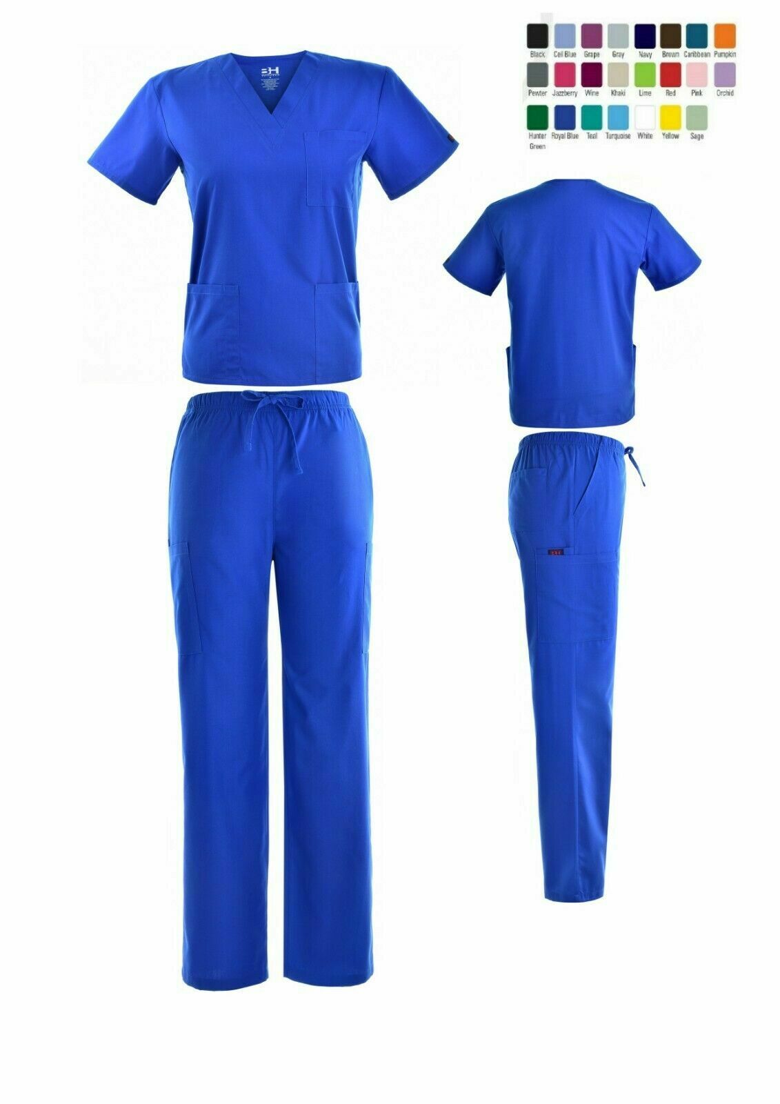 Unisex Stretch  Scrub Sets Solid V-neck Top Cargo Pant Men Women Nursing Uniform