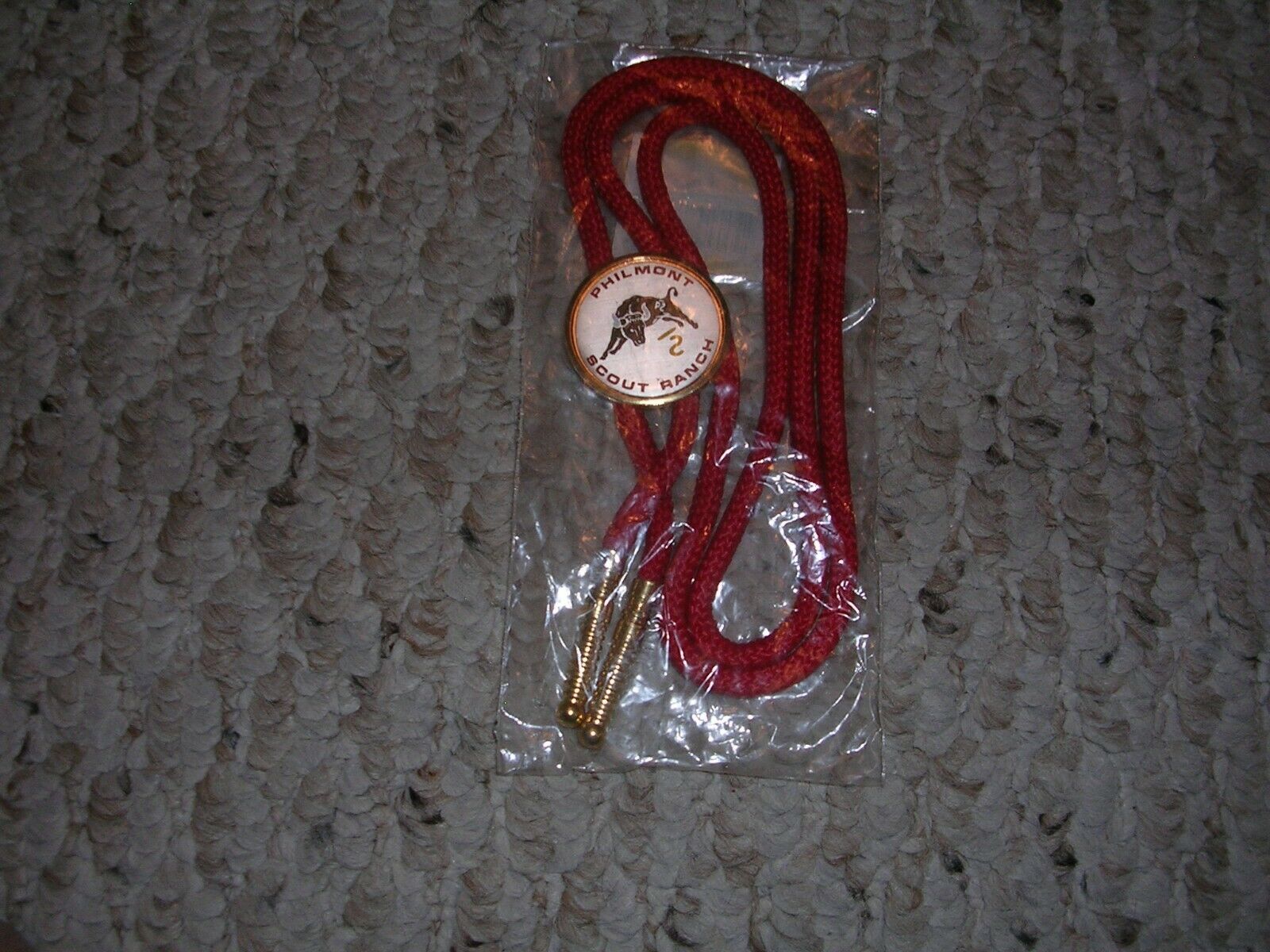 Philmont Bolo, Metal Medallion On Red Cord W/ Gold-toned Ends,  Mint In Package!