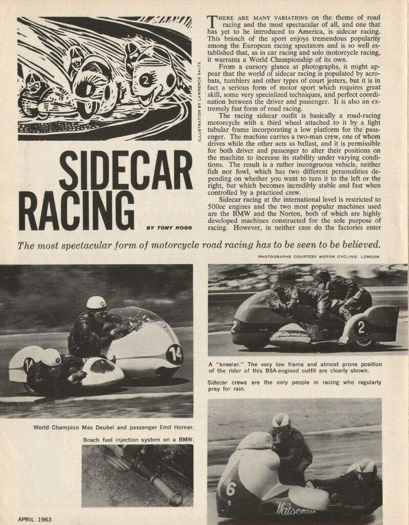 1963 Sidecar Motorcycle Road Racing - 3-page Vintage Article