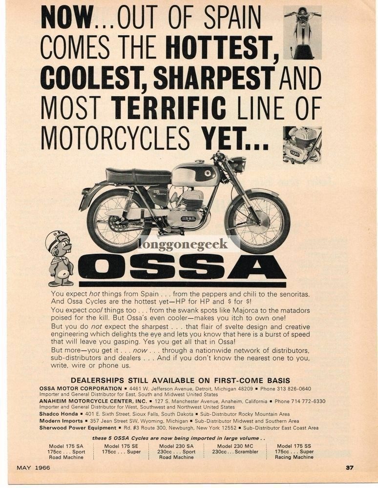 1966 Ossa 175 Sport Motorcycle Vintage Ad