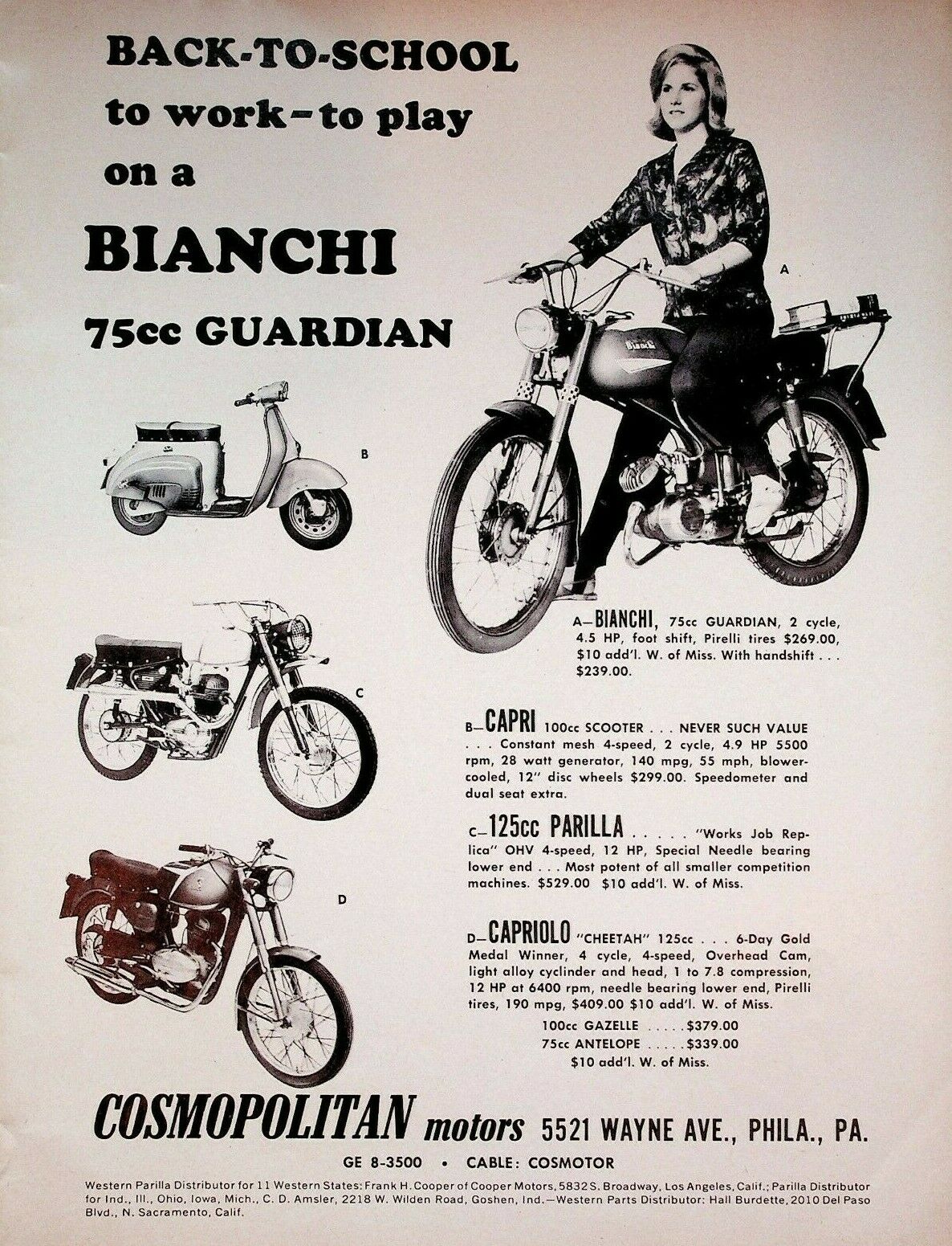 1964 Bianchi 75cc Guardian, Capri Scooter & More - Vintage Motorcycle Ad