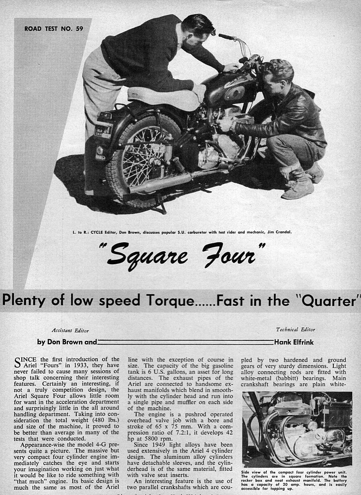 1955 Ariel Square Four Motorcycle - Original 3-page Road Test Article