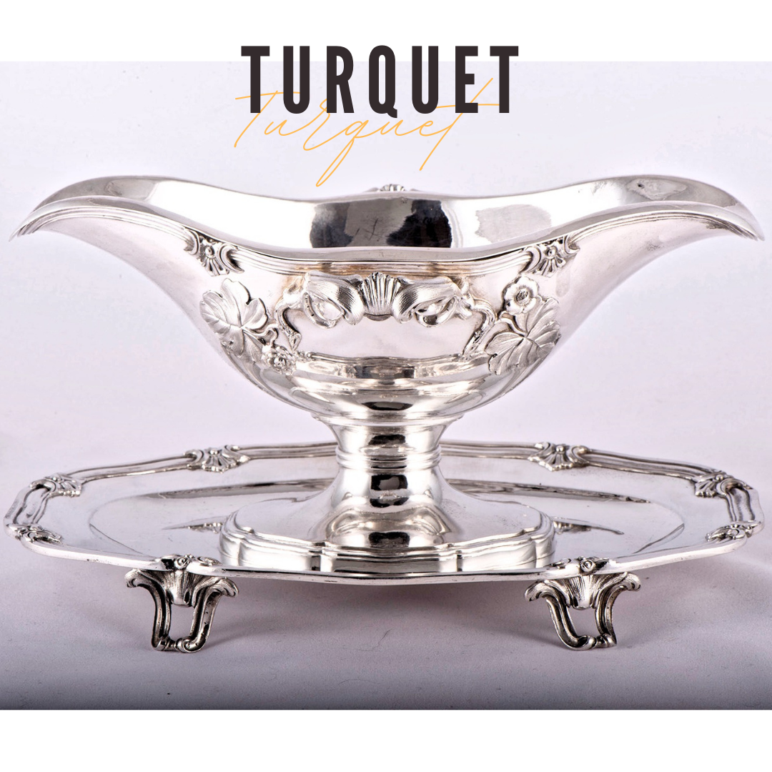 19c Antique French Sterling Silver Sauce Gravy Boat Jug Bowl W/plate By Turquet