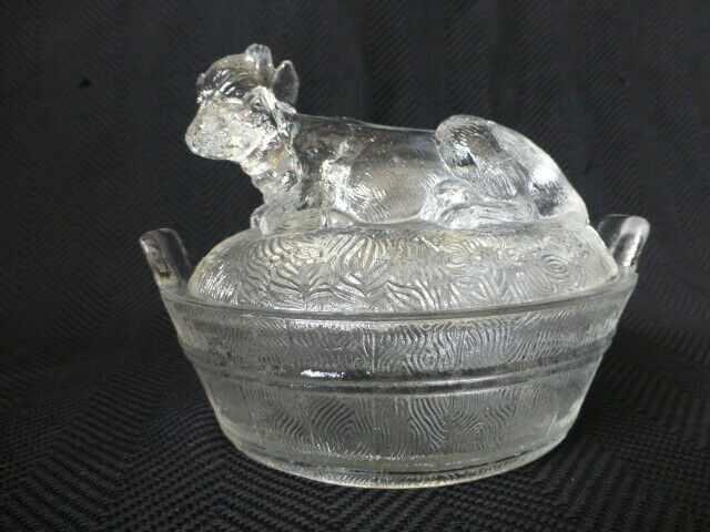 Vintage Glass Butter Dish With A Cow Finial H In Diamond Mark