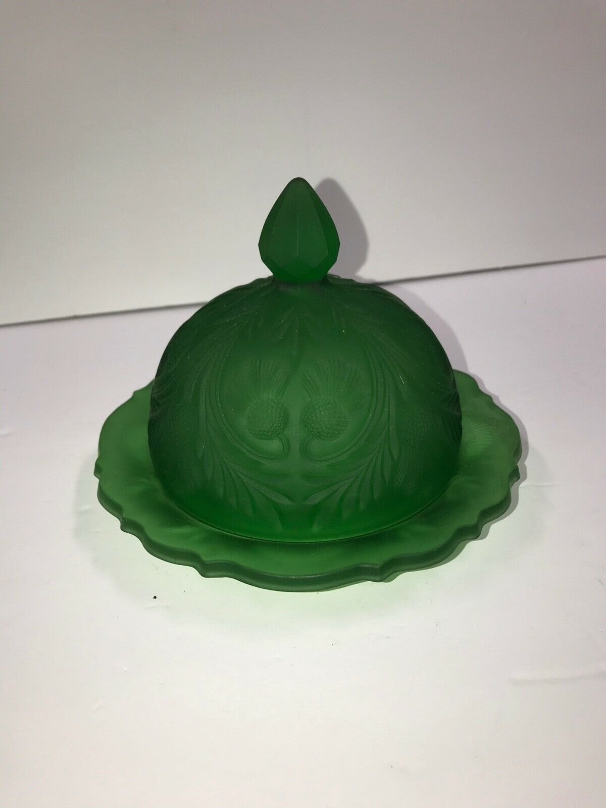 Butter Dish Or Cheese Ball Dish With Lid Emerald Green Cut Satin Glass Thistle