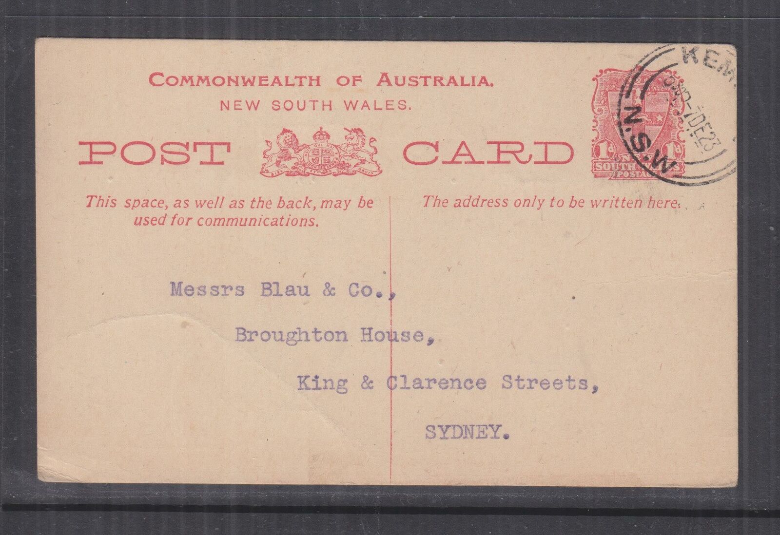New South Wales, Postal Card, Commonwealth. 1d.,1923 Kempsey To Sydney.