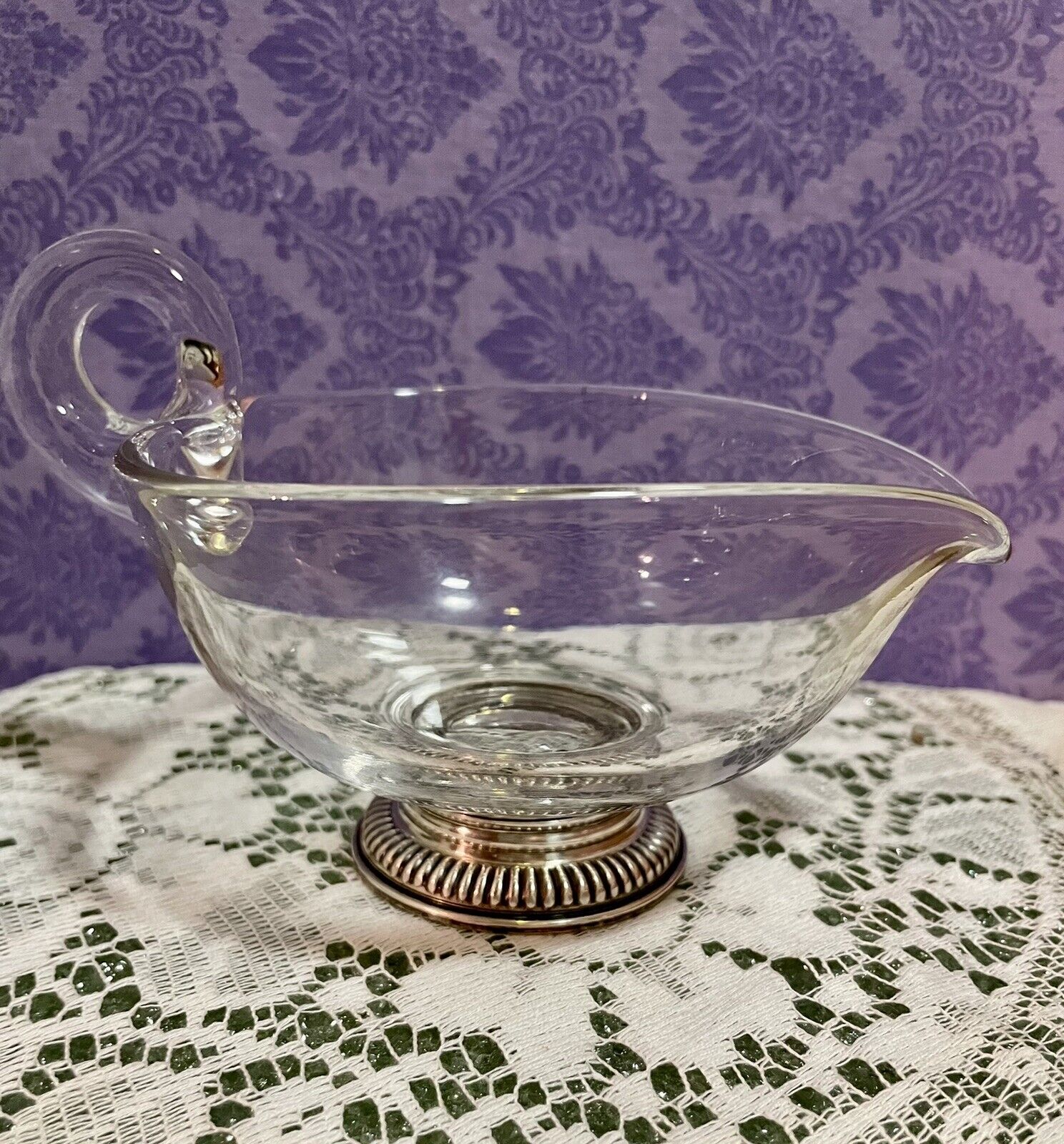 Antique Sterling Silver Base, Clear Glass Heart 'gravy Bowl Creamer Dish Pitcher