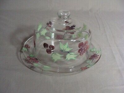 Clear Glass Round Butter Dish With Lid & Hand Painted Grape Design