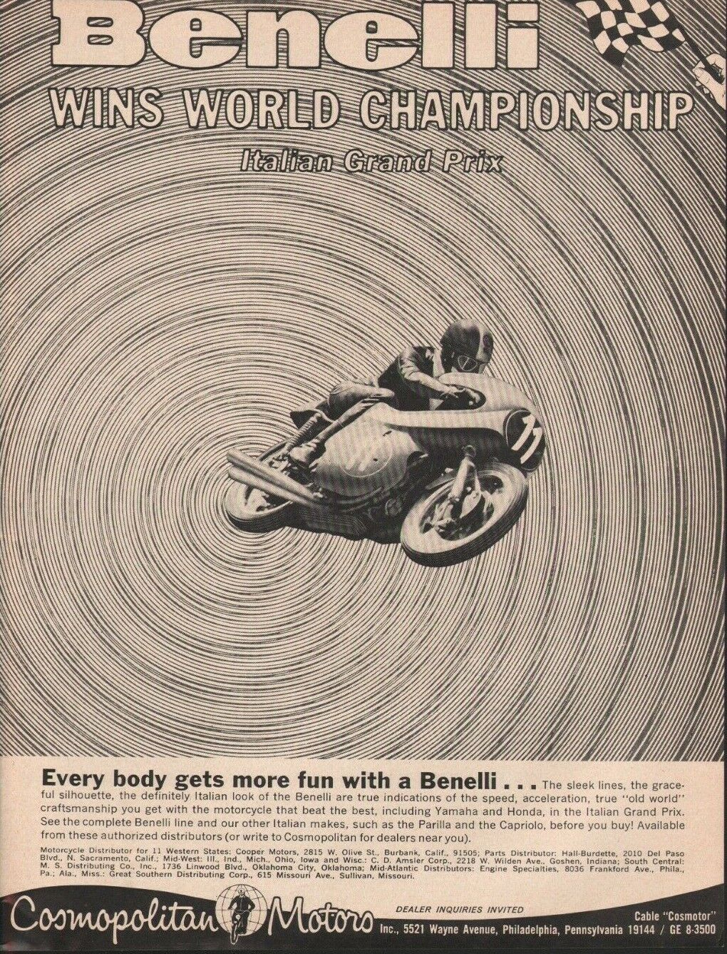 1966 Benelli Wins Italian Grand Prix - Vintage Motorcycle Racing Ad