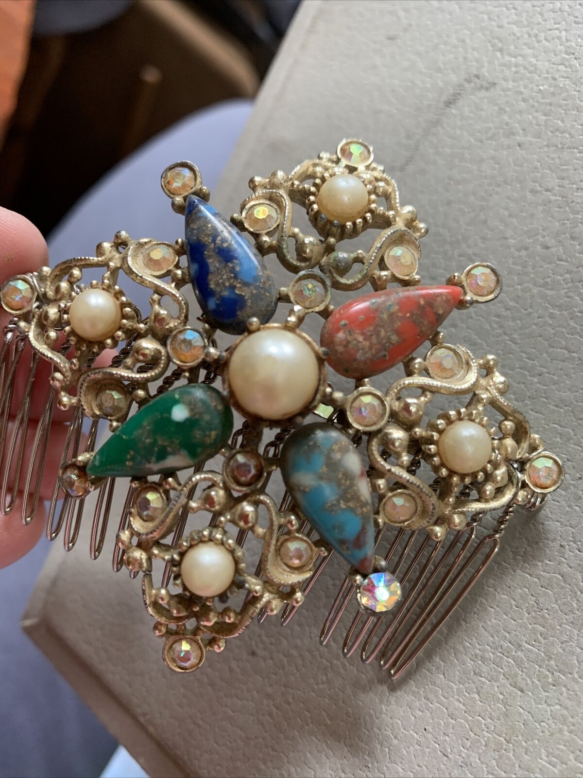 Vintage Sarah Cov Signed Gold Tone Converted Hair Comb Faux Turquoise Pearl