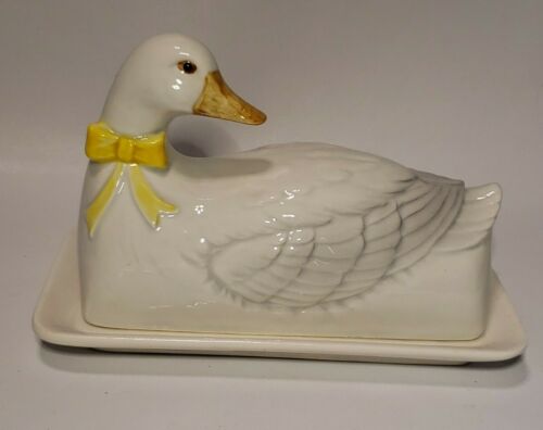 Vintage Ceramic Otigari Duck Goose Covered Butter Dish Hand Painted Read
