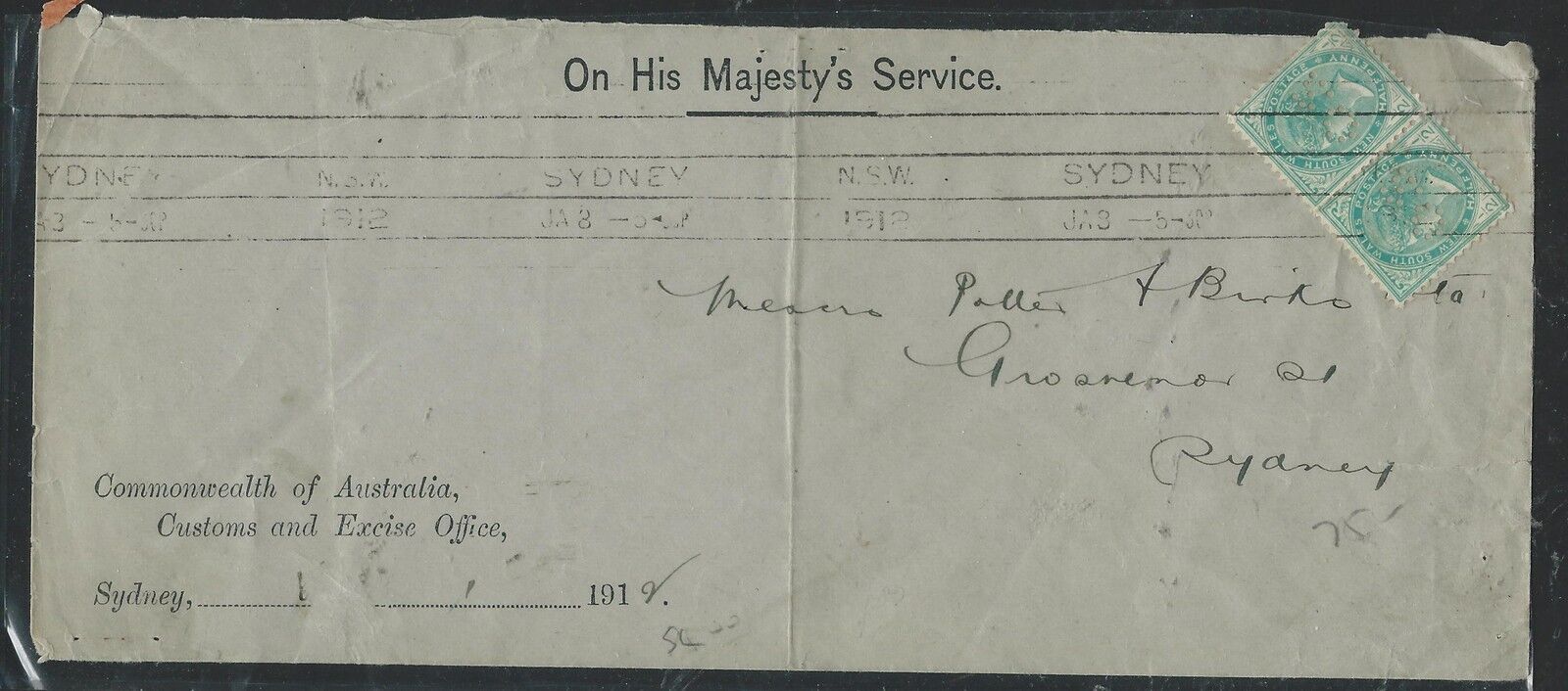 New South Wales (p2906b) 1912 Ohms Envelope Qv 1/2d Os Perf In To Sydney  Nice!!