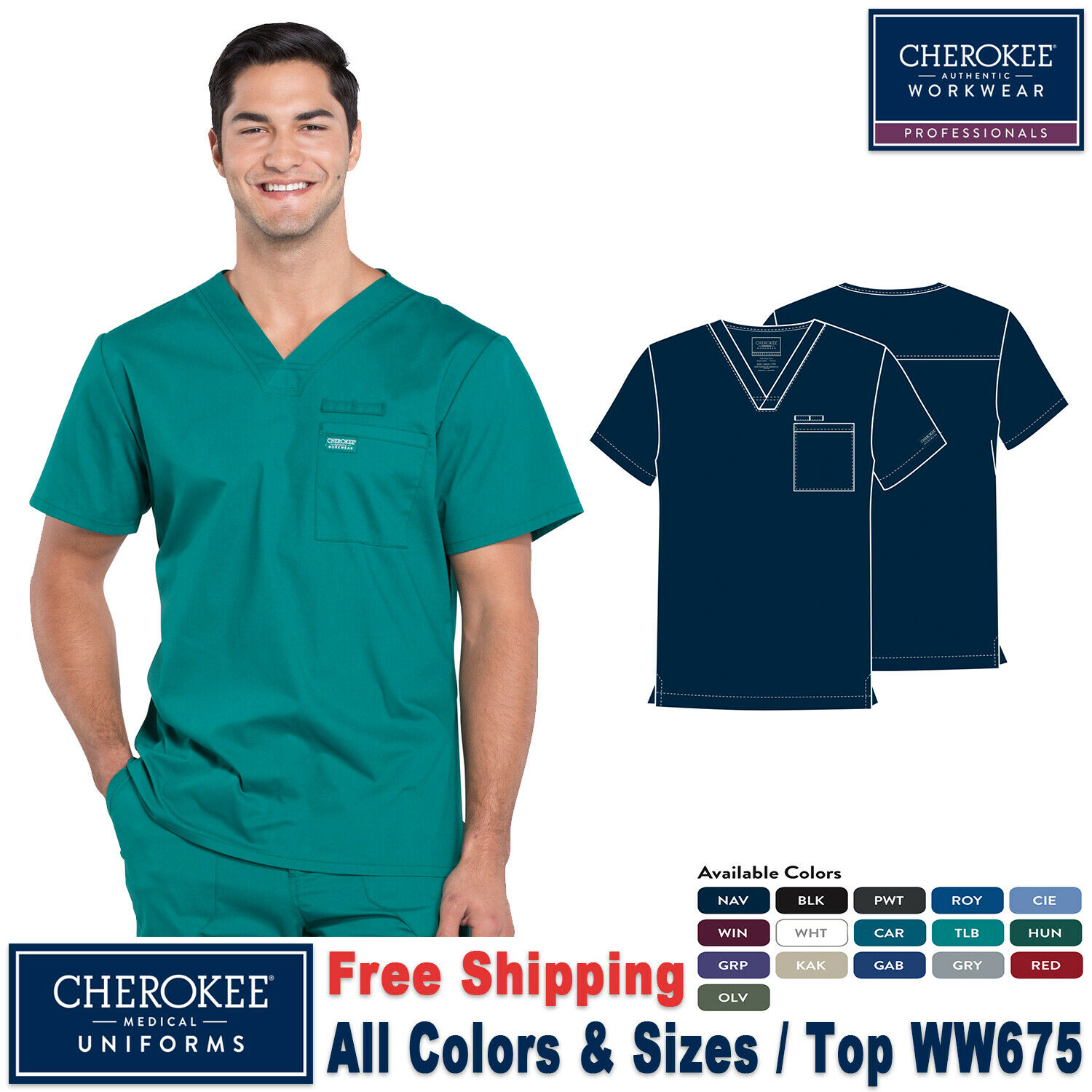 Cherokee Scrubs Professional Men's Medical Uniform V-neck Top Ww675