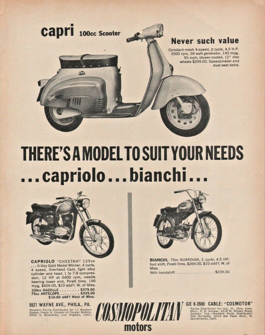 1964 Capri 100 Scooter Capriolo Cheetah Bianchi Guardian - Vintage Motorcycle Ad