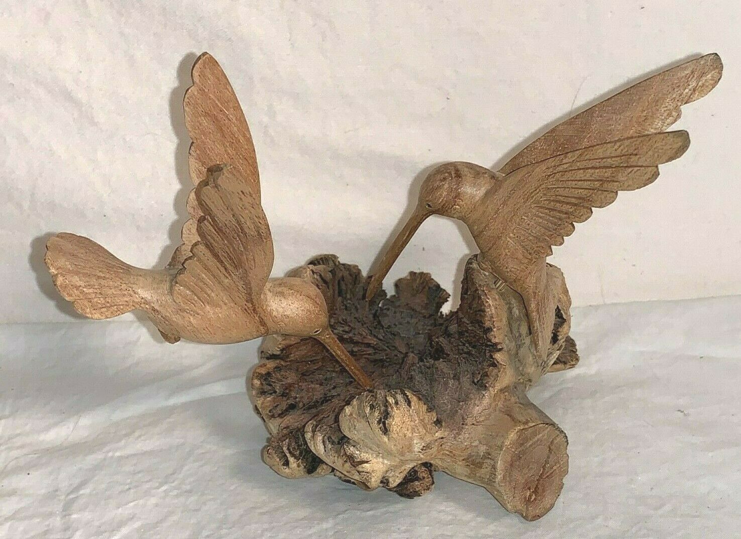 Vintage Fabian Jempinis Wood Carving Hummingbirds + Wood Knot Base 4" X 5"